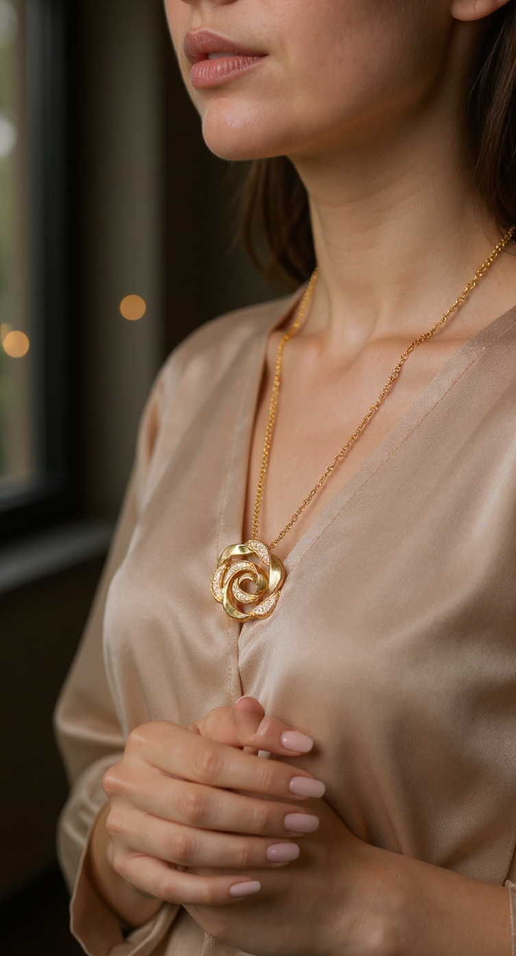 A close-up, high-resolution product shot of the golden rose pendant necklace, worn by a woman with elegant, manicured hands. The woman's face is subtly out of focus in the background, suggesting her presence without distracting from the jewelry. She is wearing a soft, flowing silk blouse in a muted, luxurious color like champagne or ivory. The background is a gently blurred, warm-toned, sophisticated indoor setting – perhaps a dimly lit, cozy cafe with soft bokeh lights, or a stylish, minimalist living room with natural light streaming through a window. Focus on the delicate sparkle of the diamonds and the intricate details of the rose design. The lighting should be soft and warm, creating a radiant glow on the necklace and skin. The overall mood is sophisticated, graceful, and aspirational, highlighting the necklace as a statement of refined taste.