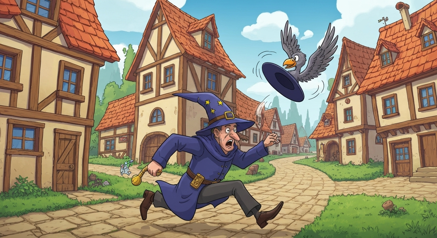 A clumsy wizard in a colorful medieval village accidentally turns his hat into a flying bird, chasing it across the town in a cartoon comedy style.